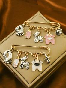 1pc Fashion Baby Stroller, Bottle, Clothes, Pacifier, Footprint Themed Tassel Brooch