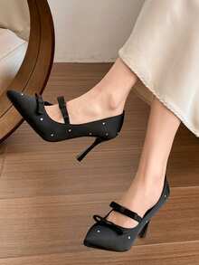 Fashionable Sexy Red Pearl Single Buckle Mary Jane Shoes, Pointed Toe Thin High Heel Bow Tie Women Shoes - Black - View 16