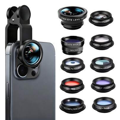 7-In-1 Smartphone Camera Lens Kit, 0.67X Wide Angle Lens And 180° Fisheye Lens, Kaleidoscope, Starburst, Compatible With Most Smartphones