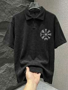 男士夏季华夫格雪花图案花卉字体 Polo 衫 - 黑色 - 查看 5