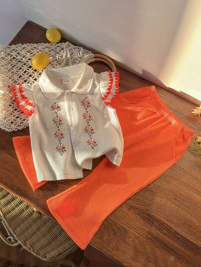 Girls' Fashion Cloud Embroidery Button-Up Short Sleeve Shirt With Orange Flared Pants 2 Pieces Set
