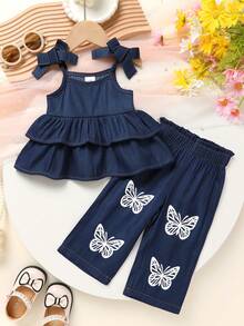 两件套女婴柔软舒适休闲优雅套装，可爱荷叶边蝴蝶结吊带上衣搭配蝴蝶印花弹力腰直筒裤，适合夏季日常穿着、度假、派对和户外活动 - 彩色 - 查看 2