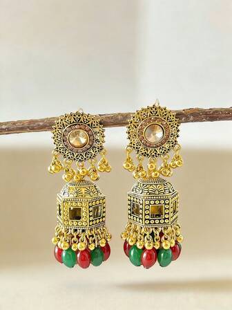 Elegant Retro Exotic Style Earrings With Golden Bells Pendant,Hollow Lantern Jhumka & Crystal Inlaid Earrings For Women's Daily Wear,Ramadan Accessories Gift