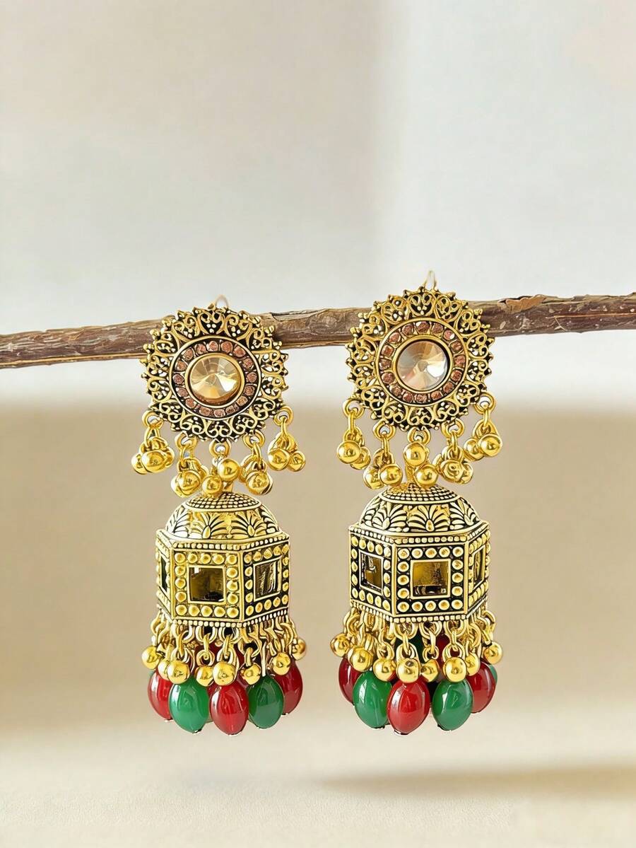 Elegant Vintage Exotic Style Earrings, Golden Bell Pendant, Hollow Pendant Design, Inlaid Crystal, Suitable For Women's Daily Wear - Jhumka - View 1