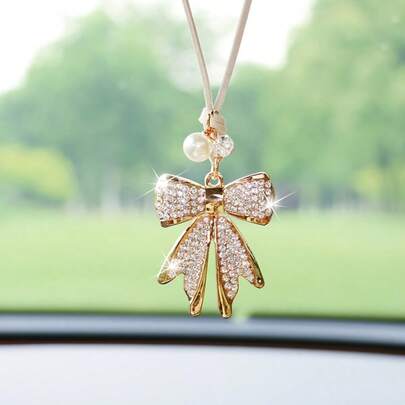 时尚水钻领结后视镜挂饰，创意领结汽车吊坠配饰