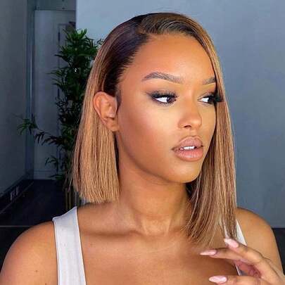 双拉丝优质巧克力棕色波波头假发，真人发，渐变棕色短直波波头假发，180密度，12英寸真人发，13x3超高清透明蕾丝，完美贴合大多数人的肤色，巴西高档短波波头蕾丝前额假发，预先拔毛，柔软奢华，适合女性日常佩戴/旅行/派对。