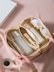 1Pc Large Capacity Pu Waterproof Cosmetic Bag Women's Makeup Tools Organizer For Makeup Bag Makeup Pouch Skincare Bag Toiletry Bag Packing Cubes, Travel Essentials Cruise Essentials Dorm Essentials, Wedding Bridesmaid Gifts, Mom Gifts, Birthday Gifts, Gifts For Friends And Teachers, Home Decor, Bathroom Living Room Bed Makeup Bag Gifts Storage Zipper Accessories,Gifts For Women,Christmas Gifts,Gift Ideas For Women,Pouch,Makeup Pouch,Travel Essential - Pink - View 7