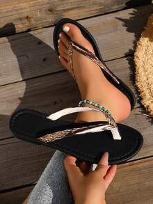 Infradito da donna in colore unito per l'estate, sandali piatti, stile minimalista versatile e casual per la spiaggia - Oro e Nero - Visualizzare 6