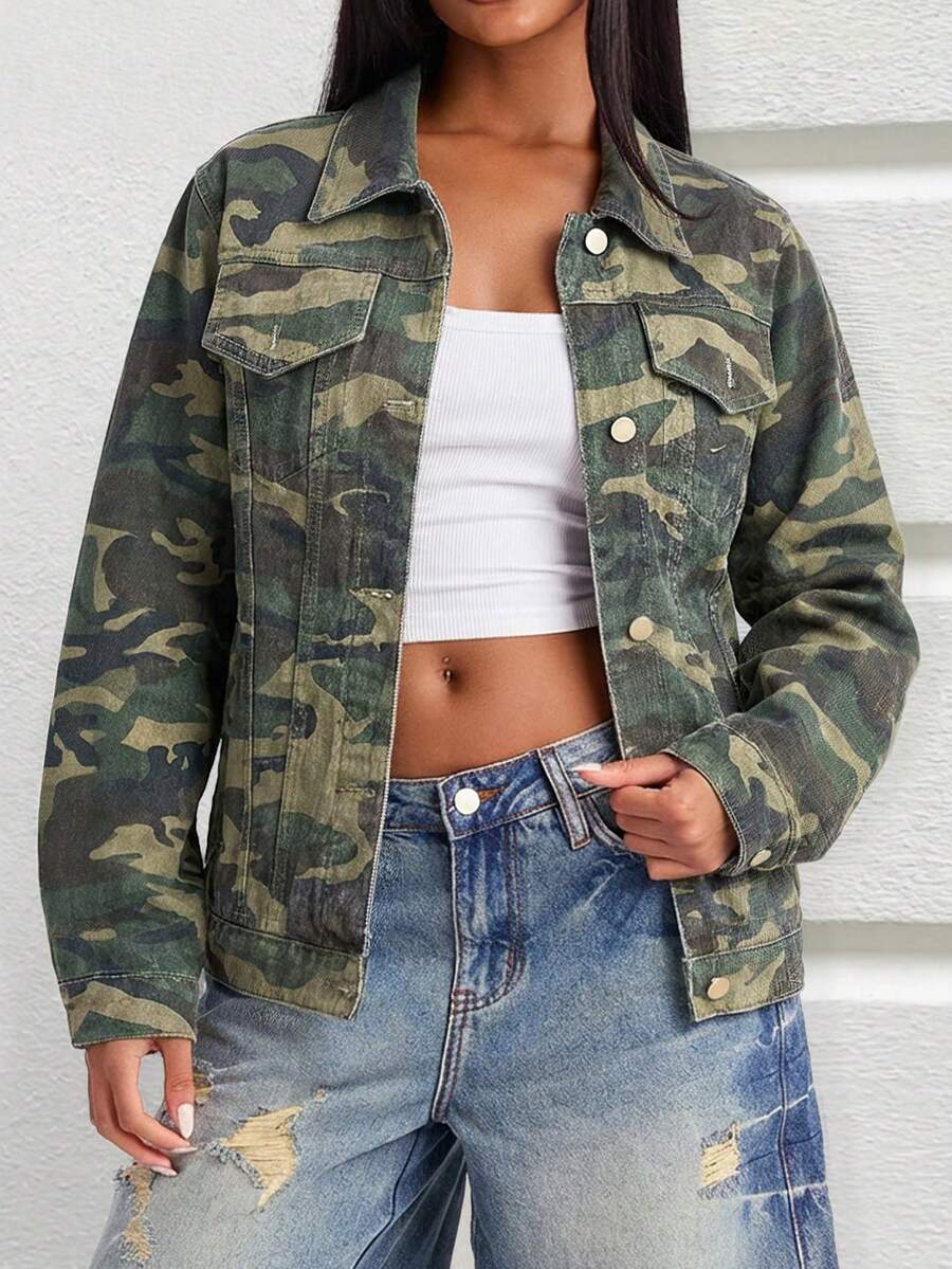 Women's Y2K Camouflage Long Sleeve Loose Denim Jacket - Army Green - View 1