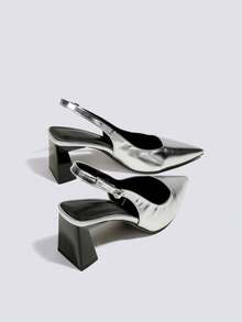 女士7厘米厚跟高跟鞋，露趾派对婚礼正式鞋，套脚尖头高跟凉鞋 - 銀色 - 查看 5