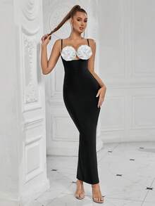 Elegant Spaghetti Strap Floral Decor High Waist Tie Midi Party Dress, Suitable For Ball, Birthday Party, Formal Dinner, Date, Homecoming, Wedding Guest, Cocktail Party, Family Gathering And Other Occasions - Black - View 6