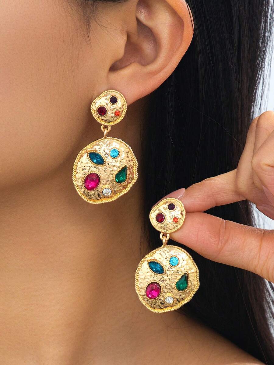 1 Par de Brincos Pendentes Geométricos Redondos Assimétricos Dourados com Textura, Decorados com Gemas Coloridas Luxuosas e Personalizadas, para Mulheres - Ouro amarelo - Visão 1