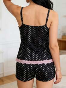 Women's Summer Pajamas Set Stylish Dot Print Lace Trim Camisole Tops With Shorts Lounge Wear 2 Pcs Set - 黑色 - 查看 7