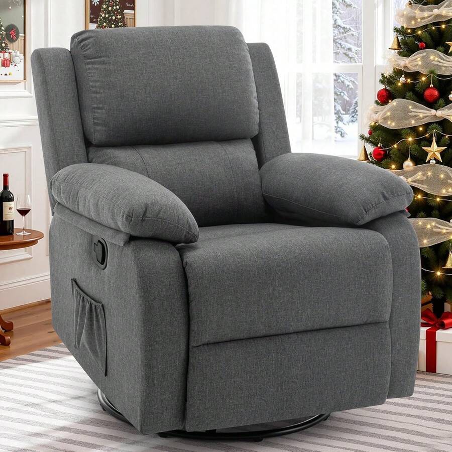 Recliner Chair, 360 Swivel Rocker Chair For Adults, Small Rocking Recliner For Small Spaces, Upholstered Fabric Glider Recliner  Chair With Side Pockets For Living Room,Little Ones Room,Grey - Grey - View 1