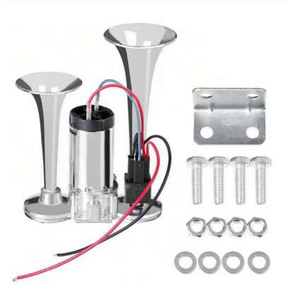 Buzina 2 Cornetas Cromada Compressor Embutido  12v Universal ,Buzina de Modificação de Motocicleta e Carro, Buzina de Bomba de Ar Integrada de Dois Tubos