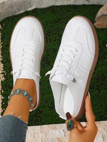 New Round Toe Hollow Breathable Women Casual Sport Shoes, Classic Lace-Up Backless Slip-On Fashion Color Block Flat Vacation Slouchy Shoes, European Size, Cross-Border E-Commerce,Sneakers For Women - Grey - View 3