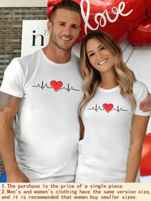 Couple Heartbeat Graphic Digital Printed T Shirt 220g 1pcs Romantic Love Unisex 100% Cotton Tee Casual Matching Outfit Valentine's Day - 白色 - 查看 8