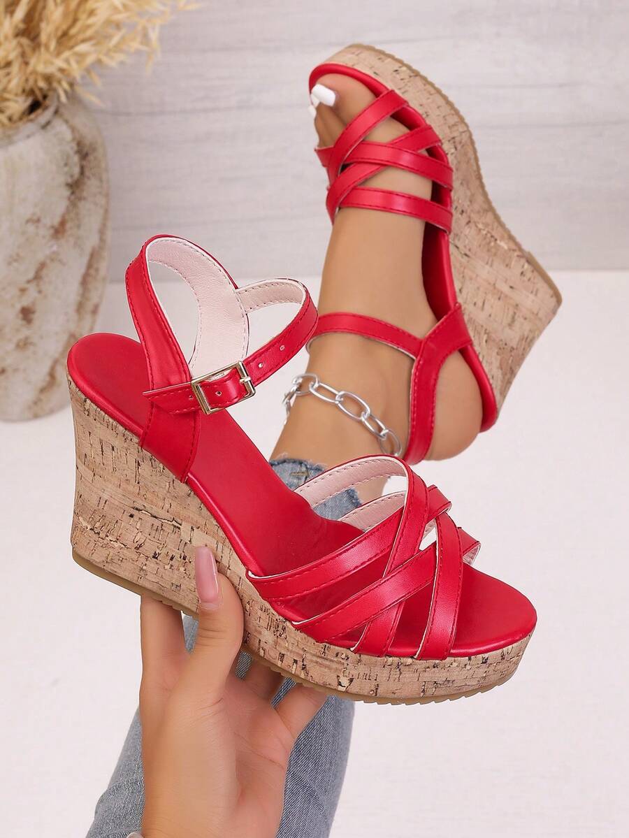 Women's Rhinestone Striped Decor Platform Sandals, Slimming Effect, Rhinestone Inlaid Stitching, Solid Glitter Pattern, Open Toe Ankle Strap, Chunky Heel, Luxurious Lady Style, Suitable For Party, Date, Daily Wear, Red Satin Material,Spring Summer Outfits - Red - View 1