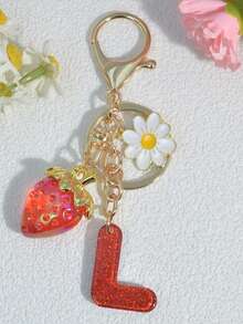 1 pezzo Portachiavi a forma di lettera con fragola rossa, ciondolo floreale carino, portachiavi minimalista per borsa, regalo per donne - Rosso - Visualizzare 16