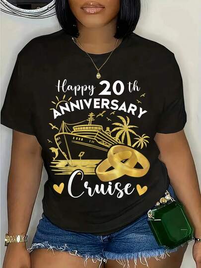 100% Cotton Happy 20th Anniversary Cruise Tee Wedding Cruise Vacation T-Shirt Round Neck Short Sleeve T-Shirt Women's Men's Graphic Tee