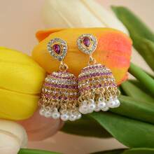 1 Pair Vintage Style Alloy Material Multi-Color Beaded Waterdrop Shaped Earrings, Hollow Bell Design, Small & Delicate, Bohemian Middle Eastern Flower Earrings With Multiple Rhinestones, White Bead Tassel, Suitable For Art, Travel, Holiday, Party, Vacation, Women - Multicolor - View 2