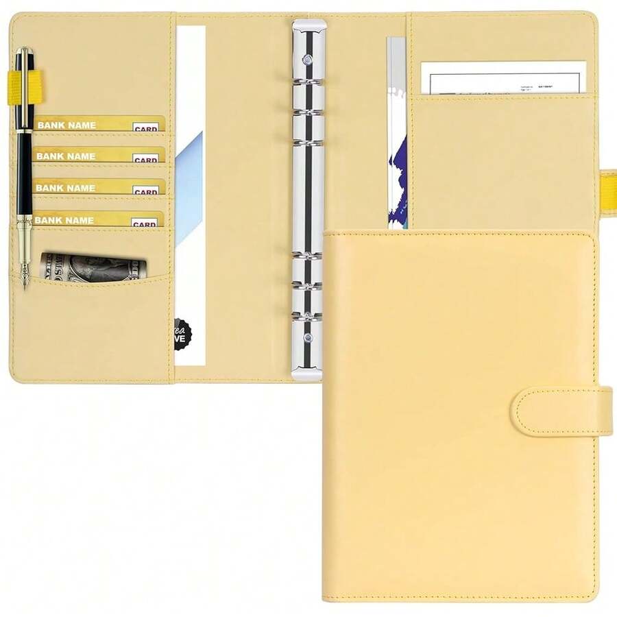 A5 6 Ring Planner Budget Refillable Cover Makaron Yellow Notebook PU Leather Binder For Women - 馬卡龍黃 - 查看 1