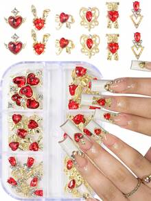 6颗3D红色镀金合金心形美甲水钻，水晶心形美甲宝石，情人节美甲饰品 - 紅色 - 查看 11