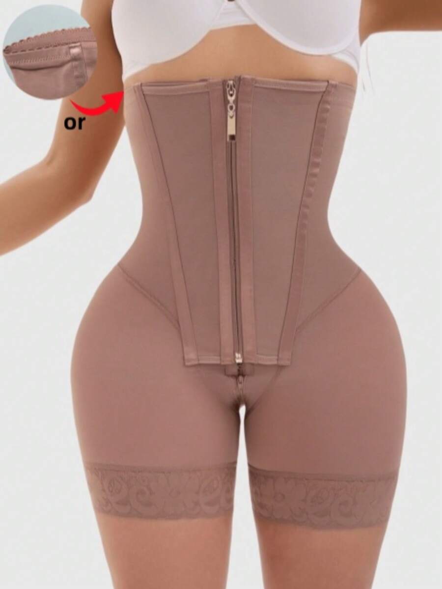 女士高腰塑形短裤，拉链闭合，收腹提臀连体塑形裤，适合各种场合和运动 - 鏽棕色 - 查看 1