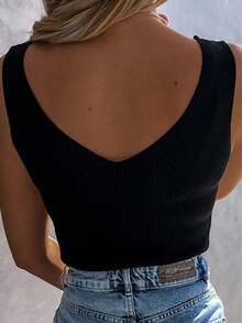 Acelitt 女士纯色休闲度假无袖V领针织背心，时尚露背，夏季黑色 - 黑色 - 查看 2