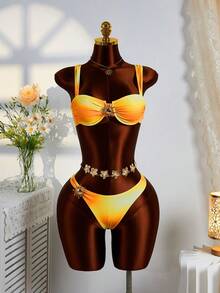 Ensemble bikini 3 pièces à pois, bretelles larges avec armatures pour un maintien confortable, style plage à la mode, parfait pour les fêtes d'été à la plage et à la piscine - orange - Voir 9