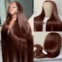 34英寸 200%密度 13x4蕾丝前额假发 #4棕色直发混纺真人发假发 预先拔毛 13x4高清透明蕾丝前额假发 女士款 - 棕色 - 查看 5