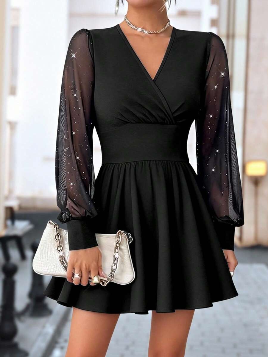 女士纯色交叉V领灯笼袖优雅连衣裙