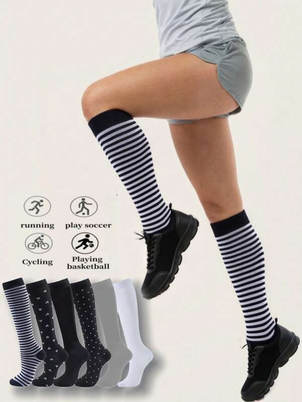 1/3/6 Pairs Unisex Compression Socks, Suitable For Running, Sports, Halloween, Christmas, New Year, Football, Yoga, Cycling, Fitness (Random Colors)