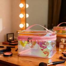 Waterproof Holographic Red PVC Makeup Bag With Handle - 8.66 * 5.51 * 5.51 Inch Travel Cosmetic Organizer For Women Men Toiletry Pouch (Holographic Red-L) - 全像紅-L - 查看 5
