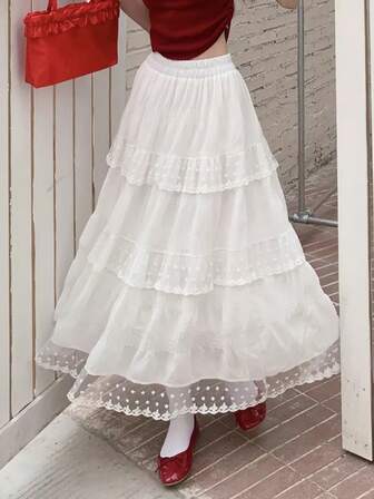White Lace Trim Cake Skirt For Women Casual Elegant Chic A-Line Elastic Waist Fashion Party Birthday Midi Skirts Female Going Out Vintage Cute Summer Boho Long Skirt Outfits