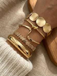 5 pièces Ensemble de bracelets larges en métal doré avec design géométrique exagéré et vintage de style luxueux, convient pour un port quotidien, style "old money", cadeau - Or jaune - Voir 3