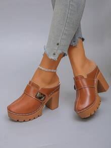 Women's Spring/Autumn New Mule High Heel Shoes, Fashionable Elegant Brown Closed Toe Thick Heel Slip-On Shoes, Suitable For Daily, Commute, Office, Date, Party, Evening, Versatile Platform Super High Heel Sandals - Brown - View 3