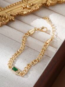 1pc Fashionable Minimalist Copper Alloy Chain With Single Sparkling Green Cubic Zirconia Stone, Suitable For St. Patrick's Day, Parties, And Daily Wear, Unique And Premium Girl Jewelry Bracelet - Gold - View 6