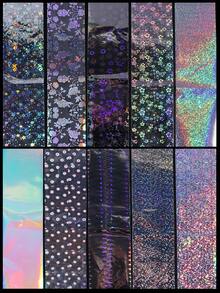 10pcs Holographic Nail Stickers, Size 20x4cm, Shiny Sequin Nail Stickers, Line Geometric Floral Rose Starry Sky Pattern, Full Cover DIY Nail Art Decorations, Suitable For Women And Girls - Multicolor - View 7