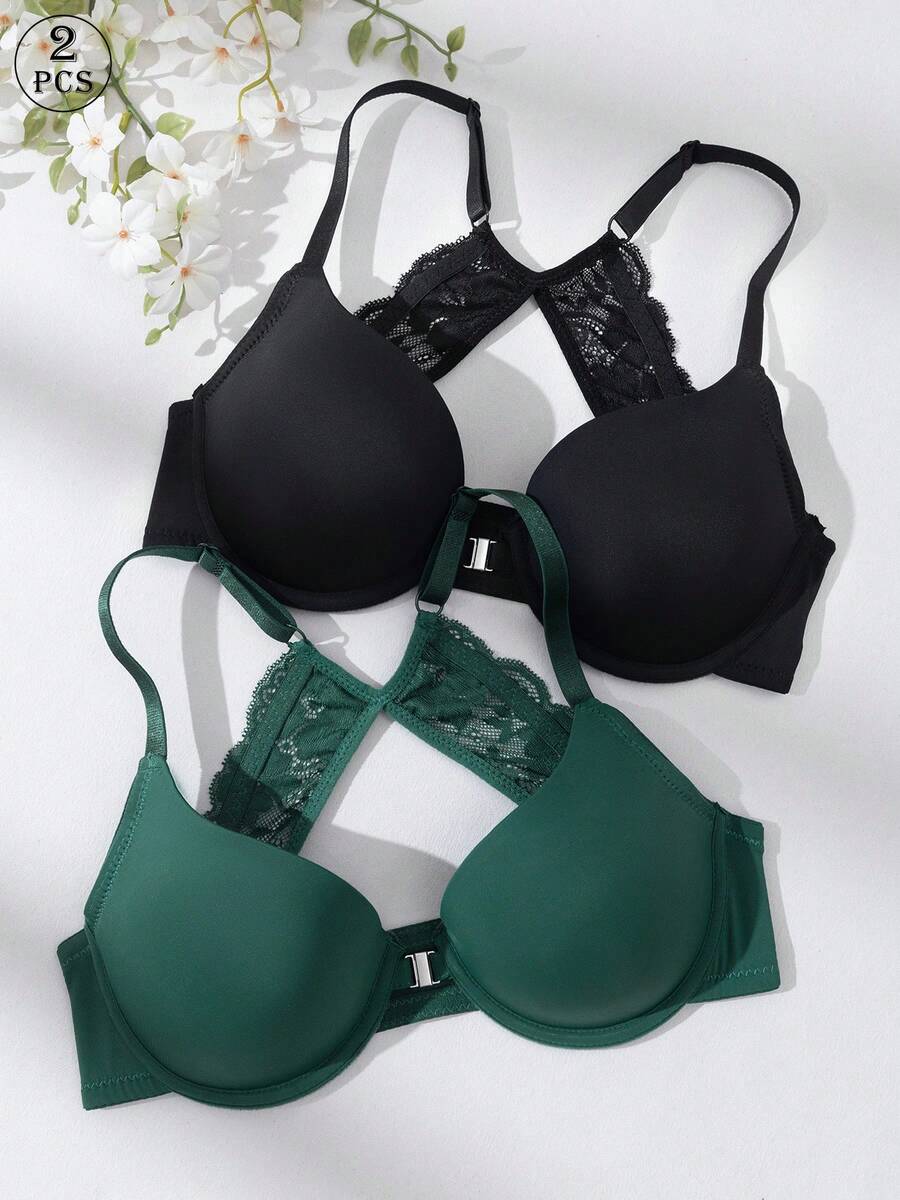 Bộ 2 áo ngực có gọng cài trước, dây đeo có thể điều chỉnh và phối ren, áo ngực hở lưng gợi cảm không gọng, mềm mại và thoáng khí với khóa cài phía trước, cúp ngực dày dặn, lý tưởng cho đi làm, mặc hàng ngày, ở nhà và đa năng, áo ngực có gọng dành cho nữ.