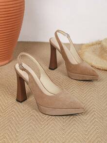 女士时尚优雅性感露背尖头厚底粗跟高跟鞋 - 杏色 - 查看 6