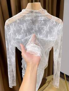 女士蕾丝高领打底衫，时尚网纱长袖上衣 - 白色 - 查看 2