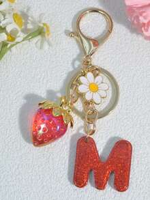 1 pezzo Portachiavi a forma di lettera con fragola rossa, ciondolo floreale carino, portachiavi minimalista per borsa, regalo per donne - Rosso - Visualizzare 32