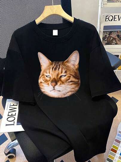 Plus Size Women's Cute Cat Print Round Neck T-Shirt, Suitable For Summer Vacation, Valentine's Day, Mother's Day Gifts, Suitable For Daily Wear, Outings, Festivals, Beaches, Parties, School, Music Festivals, Suitable For Summer Vacation, Beach Outfits, Holiday Outfits, Spring Outfits