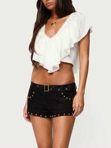 Women's Ruffled Cropped Knit Tops: Elegant Solid Hue, Delicate Lace-Trimmed, Adjustable Tie-Back With V-Neck Summer Tops - White - View 4