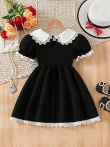 少女时尚休闲可爱彼得潘领荷叶边连衣裙 - 黑色 - 查看 2