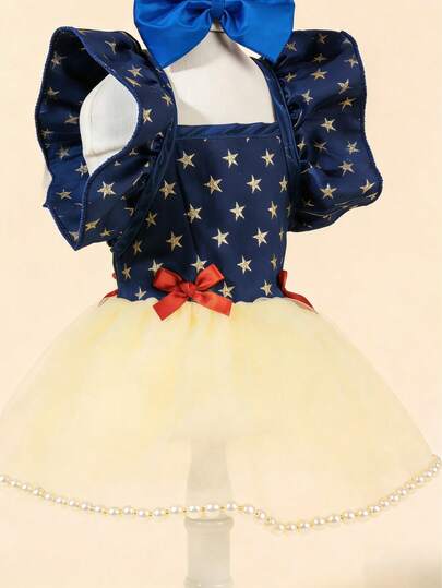 一套宠物婚纱，薄纱蝴蝶结装饰，可爱印花连衣裙+蝴蝶结宠物服装，弹力公主风宠物裙，适合狗狗/猫咪