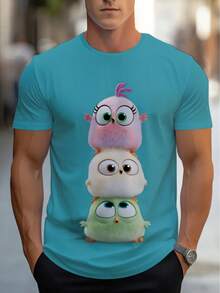 Men's 3D All-Over Print T-Shirt With Cute Stacked Owl Full-Body Design - Breathable Summer Casual Round Neck Tee, Light Blue Short-Sleeve Top For Home, Office & Casual Attire - Fun Gift For Dads & Owl Lovers (Machine Washable) - Nhiều màu - Xem 2