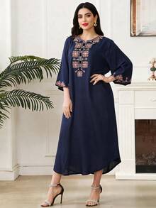 2026新款斋月传统优雅V领七分袖刺绣长袍女装