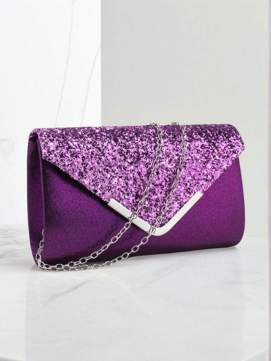 Shiny Evening Clutch, Elegant Fashion Envelope Bag, Ladies Wedding Party Handbag - Purple - View 1